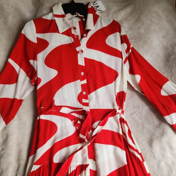 Zara zw Collection Printed midi dress red ecru BNWT - Picture 6 of 10
